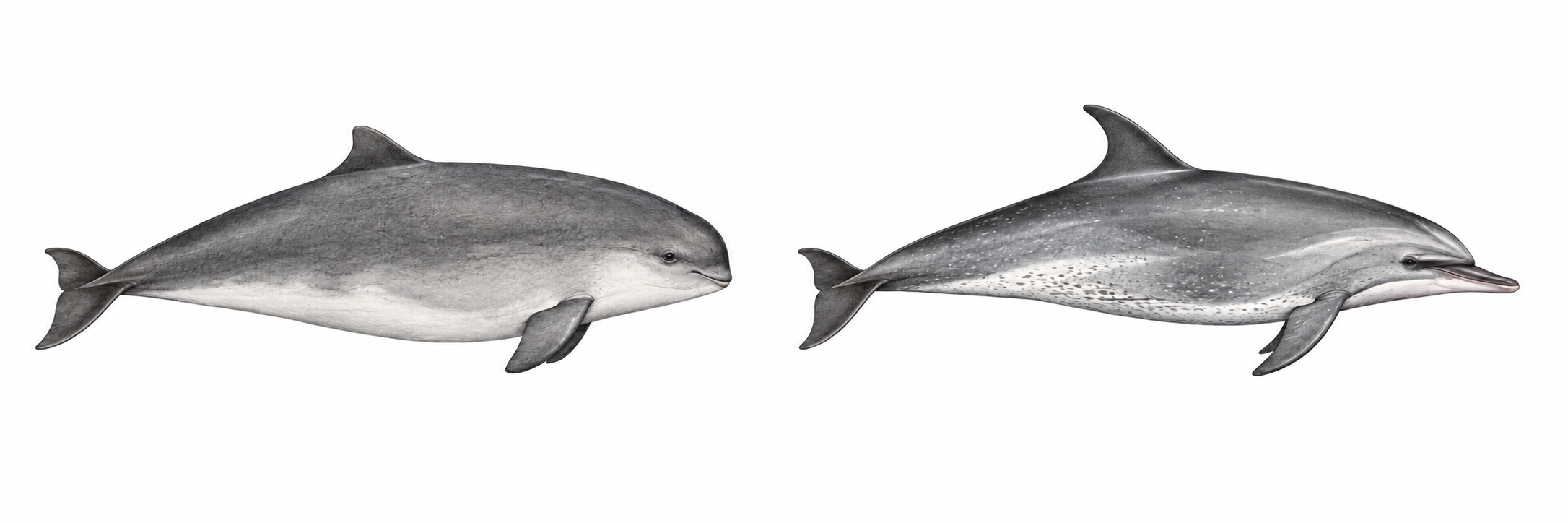Illustrated harbour porpoise in profile, with a blunt head and triangular dorsal fin